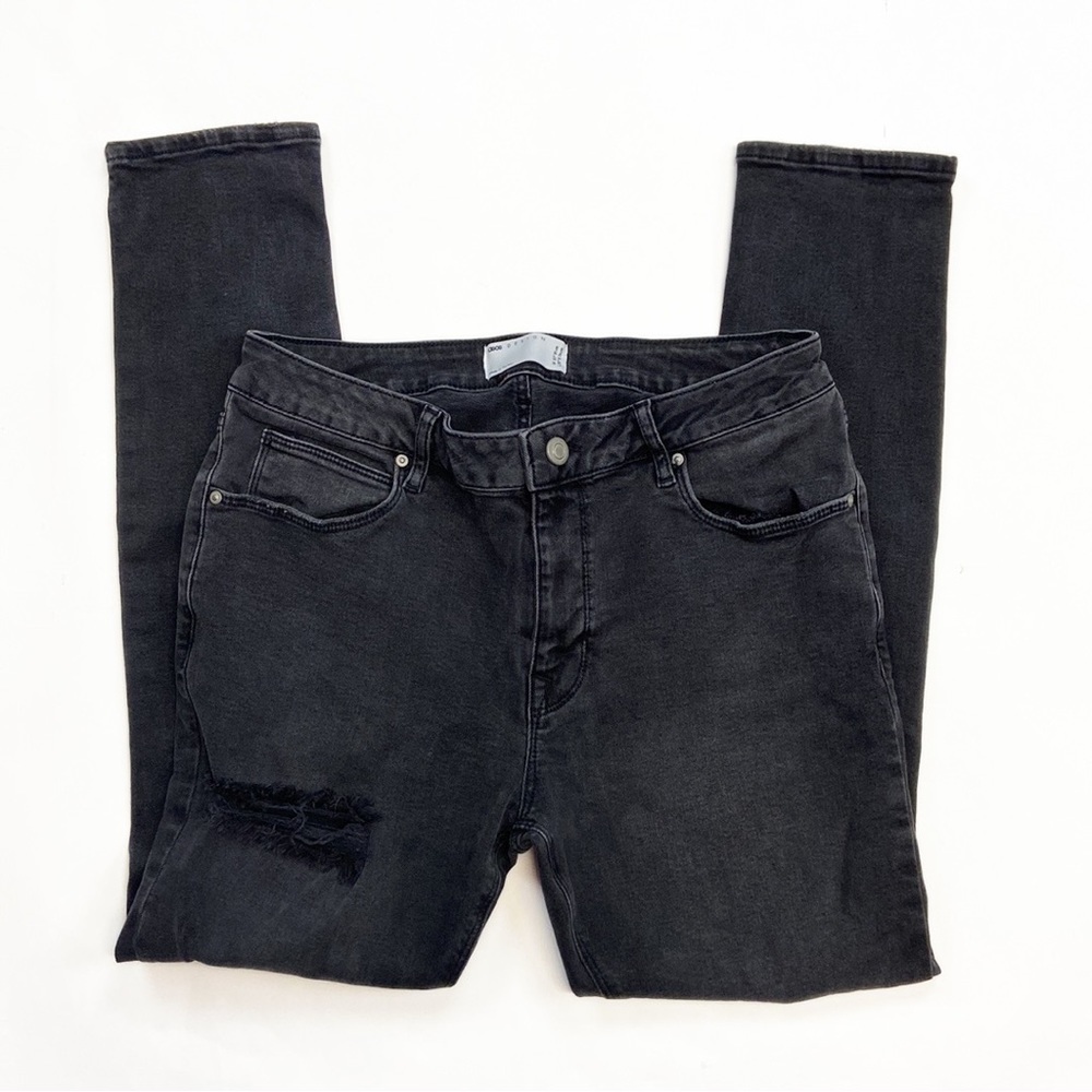 ASOS Design High Rise Destroyed Skinny Leg Ripped Factory Faded Designer Jeans - Picture 2 of 16